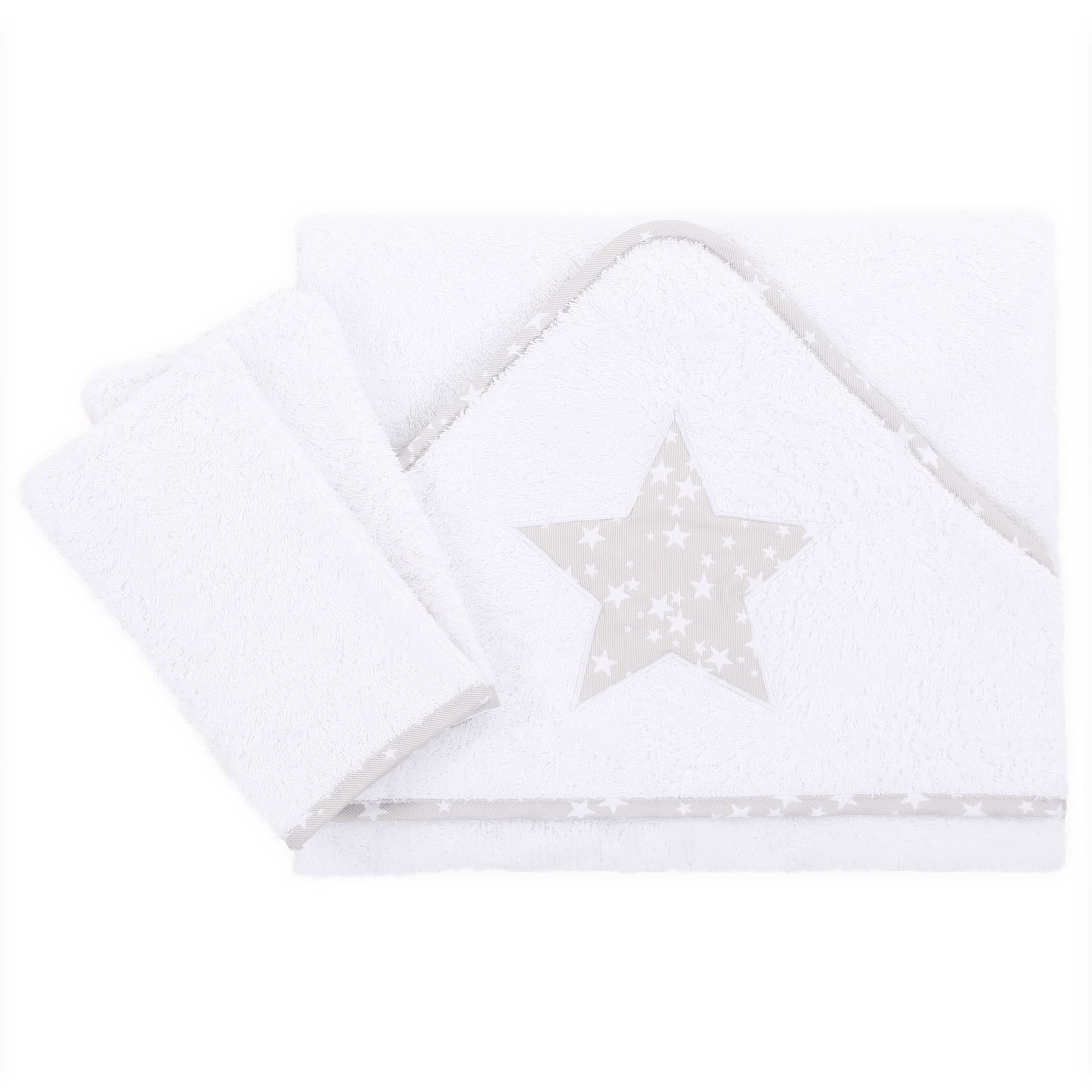 Toalla con capucha + dos manoplas blanco Applikation Stern gris perla